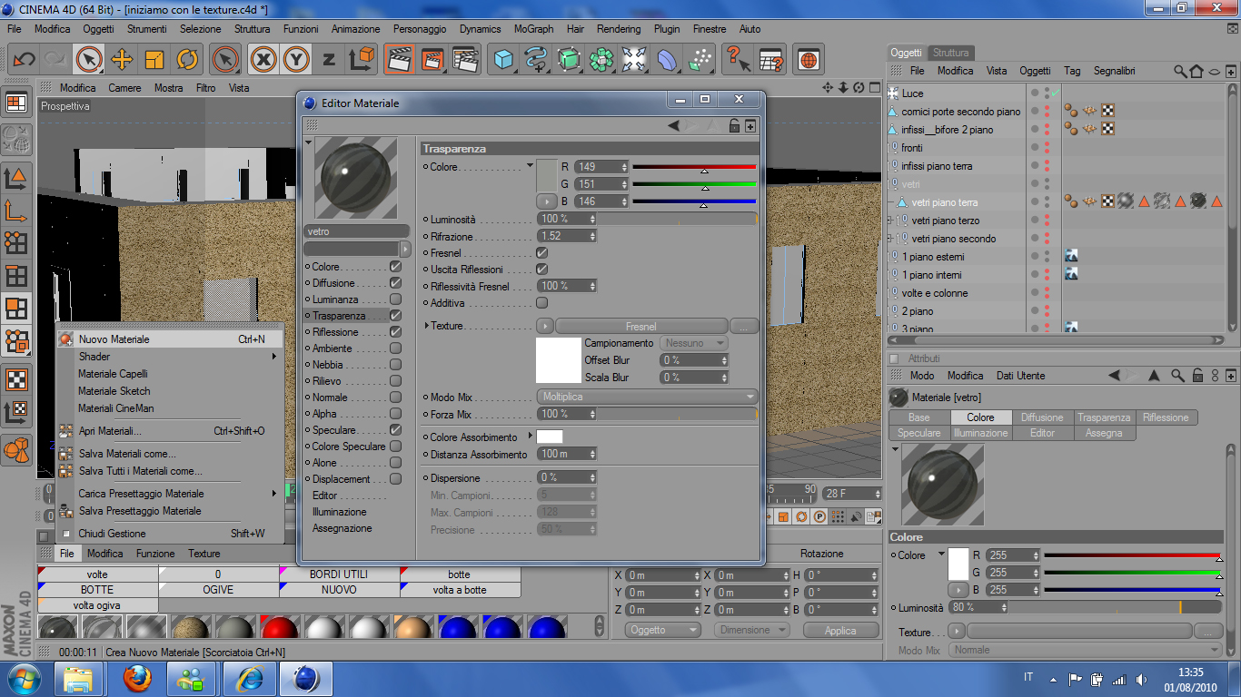 Cinema4D: creazione e scelta del materiale vetro, con particolari impostazioni di resa alla luce